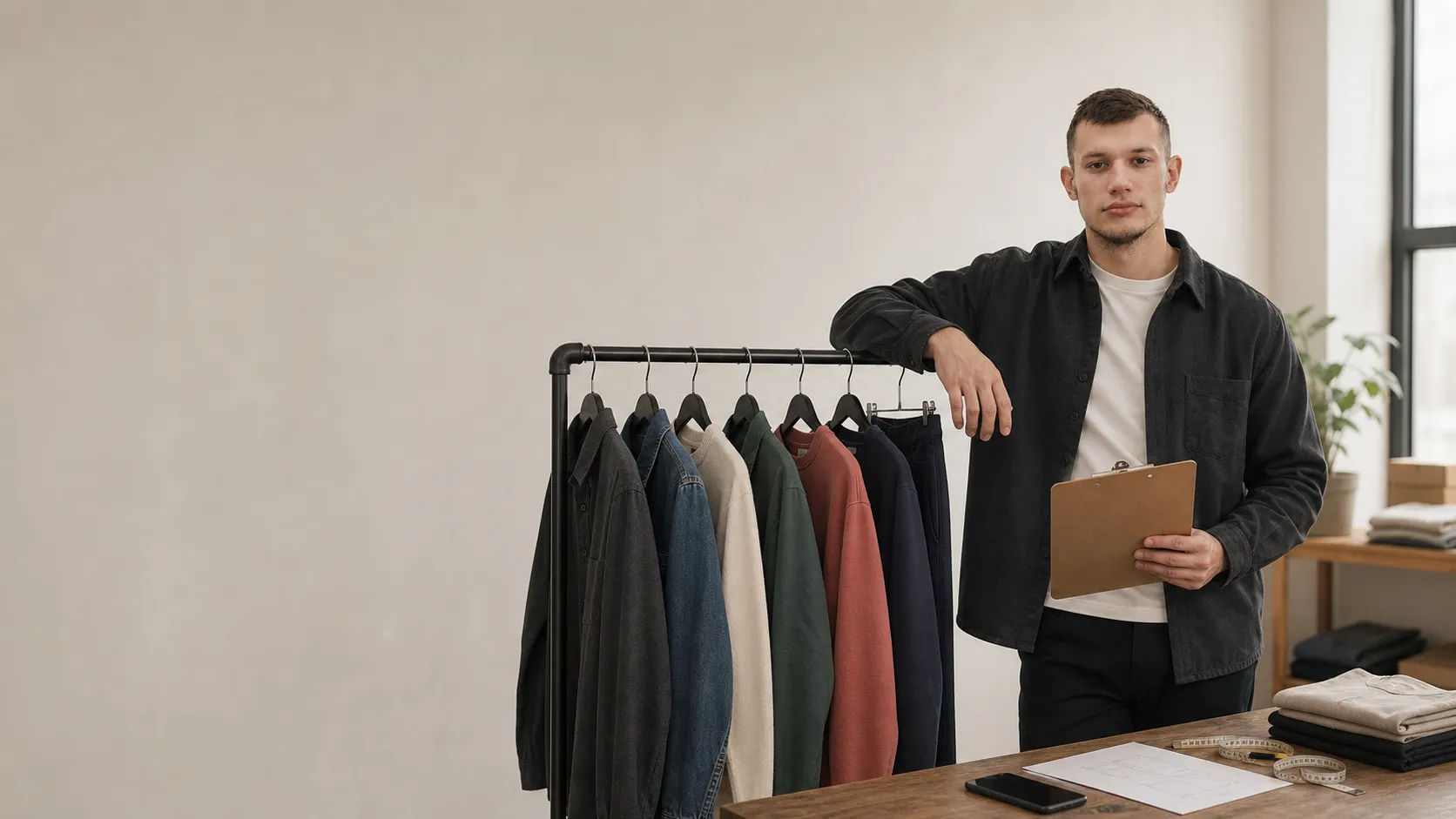 Oleksandr Andreiev beside a carefully organised rail of unbranded clothing in a resale studio